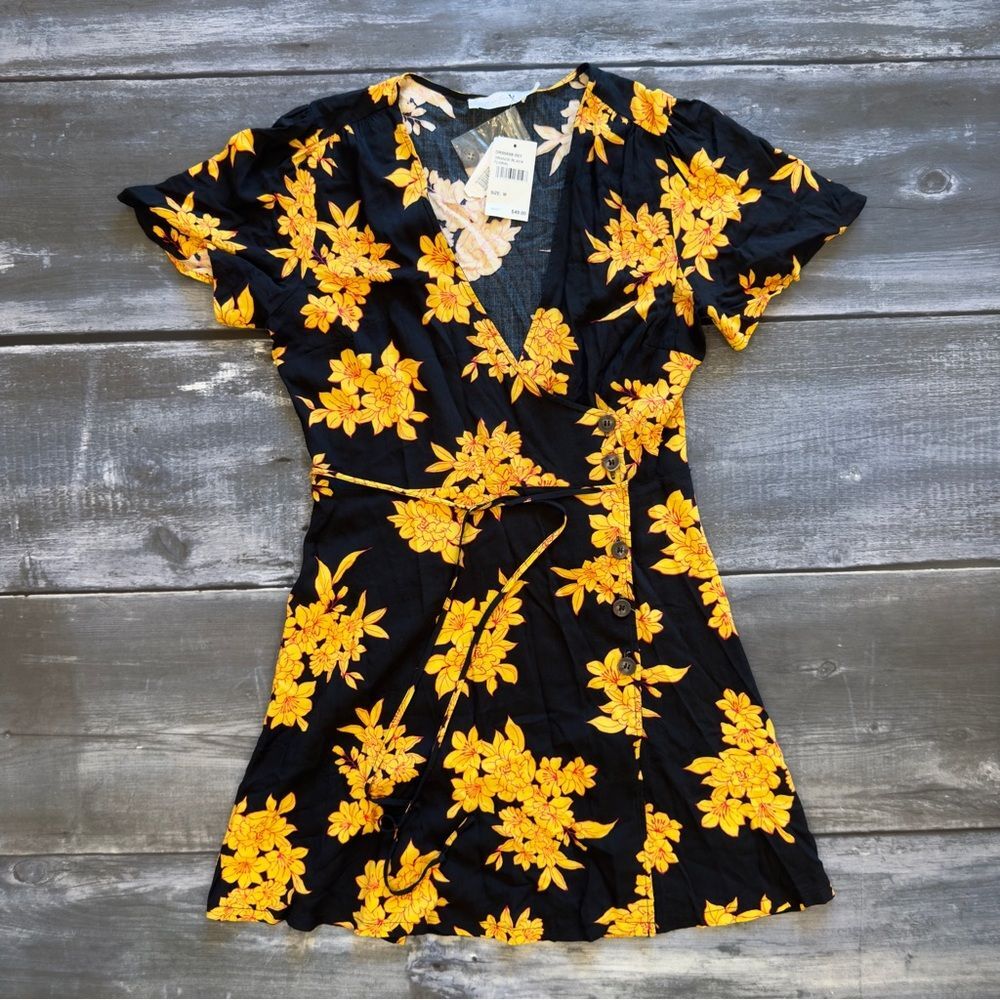 All in Favor black floral wrap dress medium